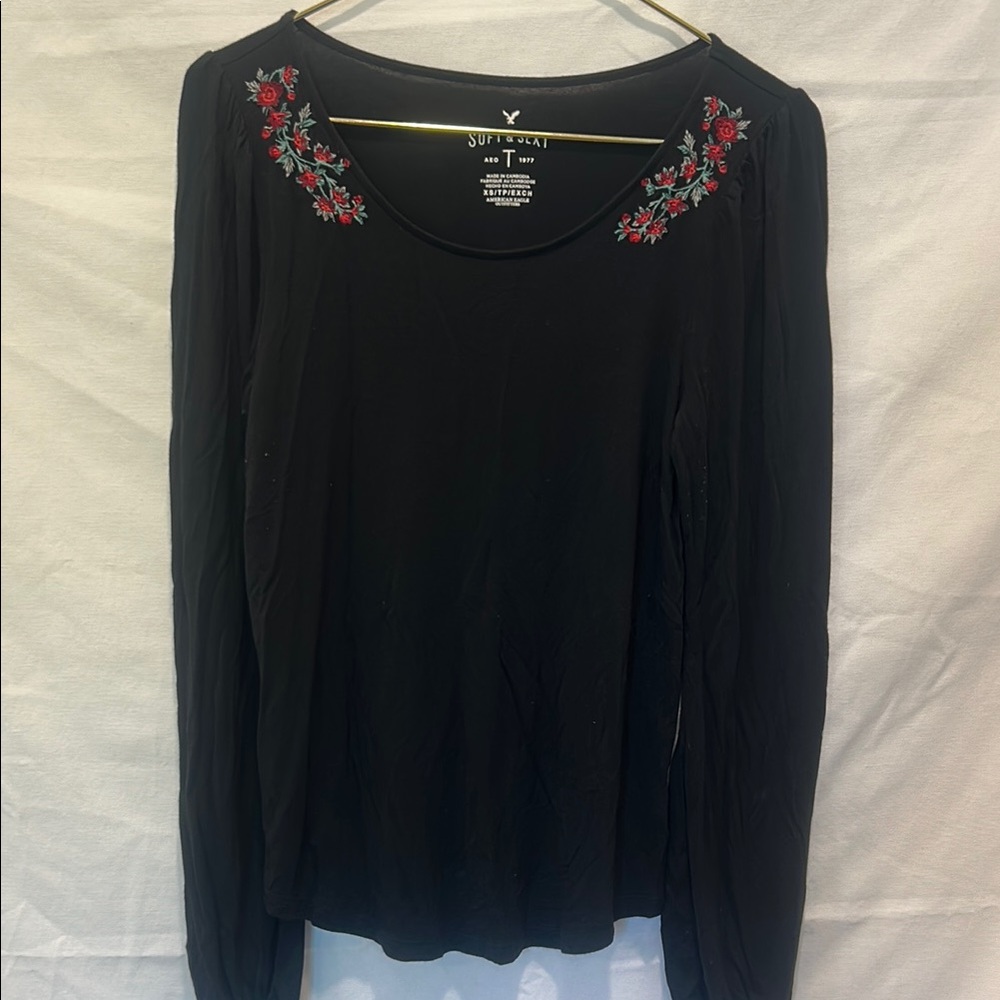 American Eagle Outfitters Black Embellished Long Sleeve Blouse